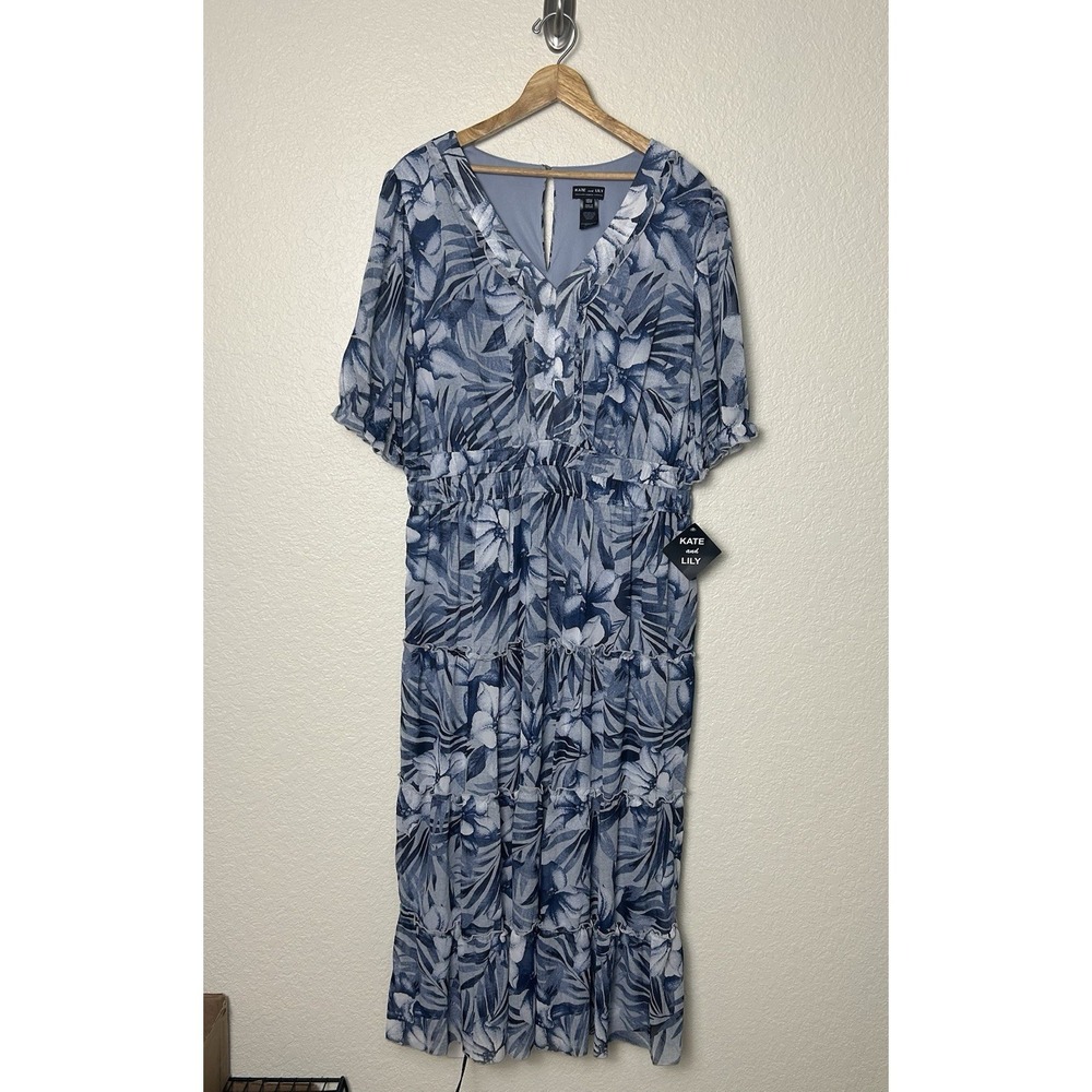 Kate and Lily Blue Floral Chiffon Maxi Dress Tiered Skirt V Neck 18W NWT